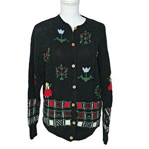 Vintage Y2K Susan Bristol Hand Knit Embroidered Cardigan Sweater Floral Black Lg